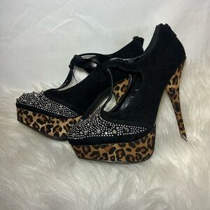 y2k Grunge Liliana Black and Leopard Print Heels with Rhinestones